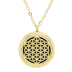 Flower of Life Design Aromatherapy Diffuser Necklace - Gold 30mm - Free Chain