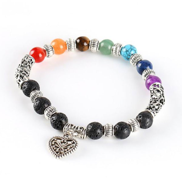 7 Chakra Lava Healing Stone Diffuser Bracelet with Heart Charm - Antique Silver Plate - Gift Idea
