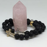 ❉❉ NEW ❉❉ Ladies Swarovski Crystal Elements Cross and Lava Stone Bracelet - Gold Tone - Silver Tone