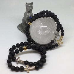 ❉❉ NEW ❉❉ Gents Swarovski Crystal Elements Cross and Lava Stone Bracelet - Gold Tone - Silver Tone