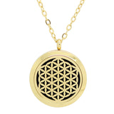 Flower of Life Design Aromatherapy Diffuser Necklace - Gold 25mm - Free Chain