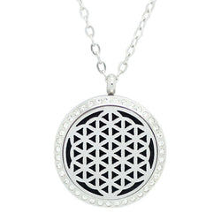 Flower of Life Design with Crystals Aromatherapy Diffuser Necklace - Silver - Free Chain