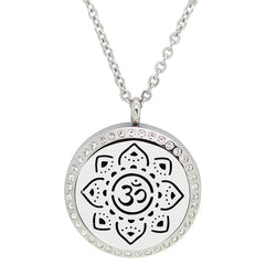 Sanskrit Om Meditate Design with Crystals Aromatherapy Diffuser Necklace - Silver 30mm - Free Chain