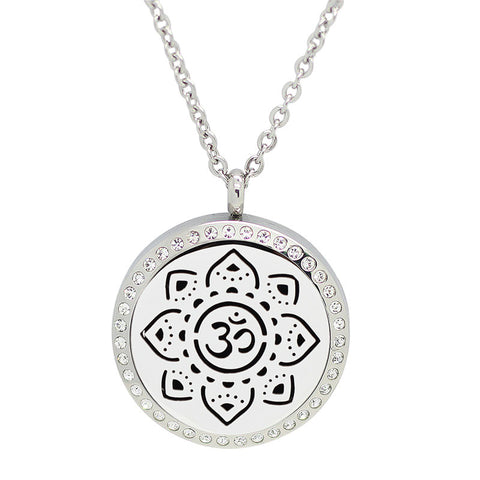 Sanskrit Om Meditate Design with Crystals Aromatherapy Diffuser Necklace - Silver 30mm - Free Chain
