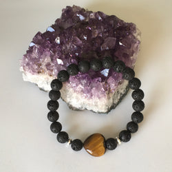 Natural Gemstone Heart Tiger Eye and Lava Stone Bracelet - Handcrafted - Aromatherapy Jewellery